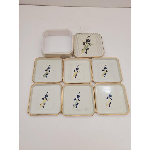 Vintage Japanese Otagiri iris set of 6 coasters in small trinket box - Picture 1 of 10